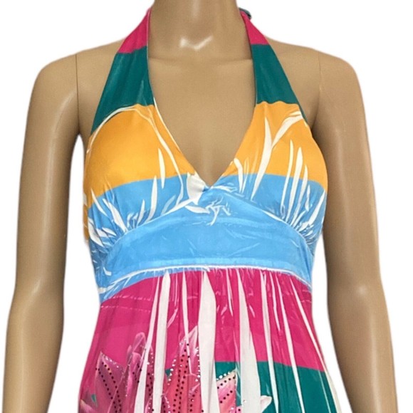 Love J Womens Large Halter Dress Sundress Pink Green Yellow Floral Bling Stretch - Picture 2 of 7